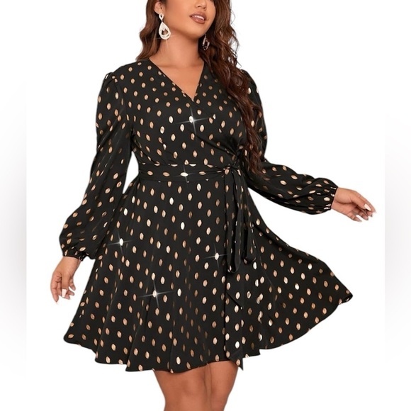 Black & Gold Polka Dot Wrap Dress 1X – Long Sleeve Party Dress Red Dot Boutique - Picture 1 of 13